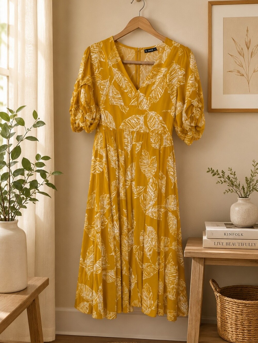 SHEIN Mustard Leaf Print Midi Dress